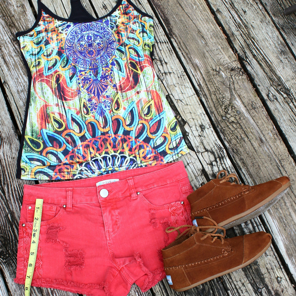 Red Aztec Distressed Denim Shorty Shorts Cutoffs 1 - Picture 5 of 8